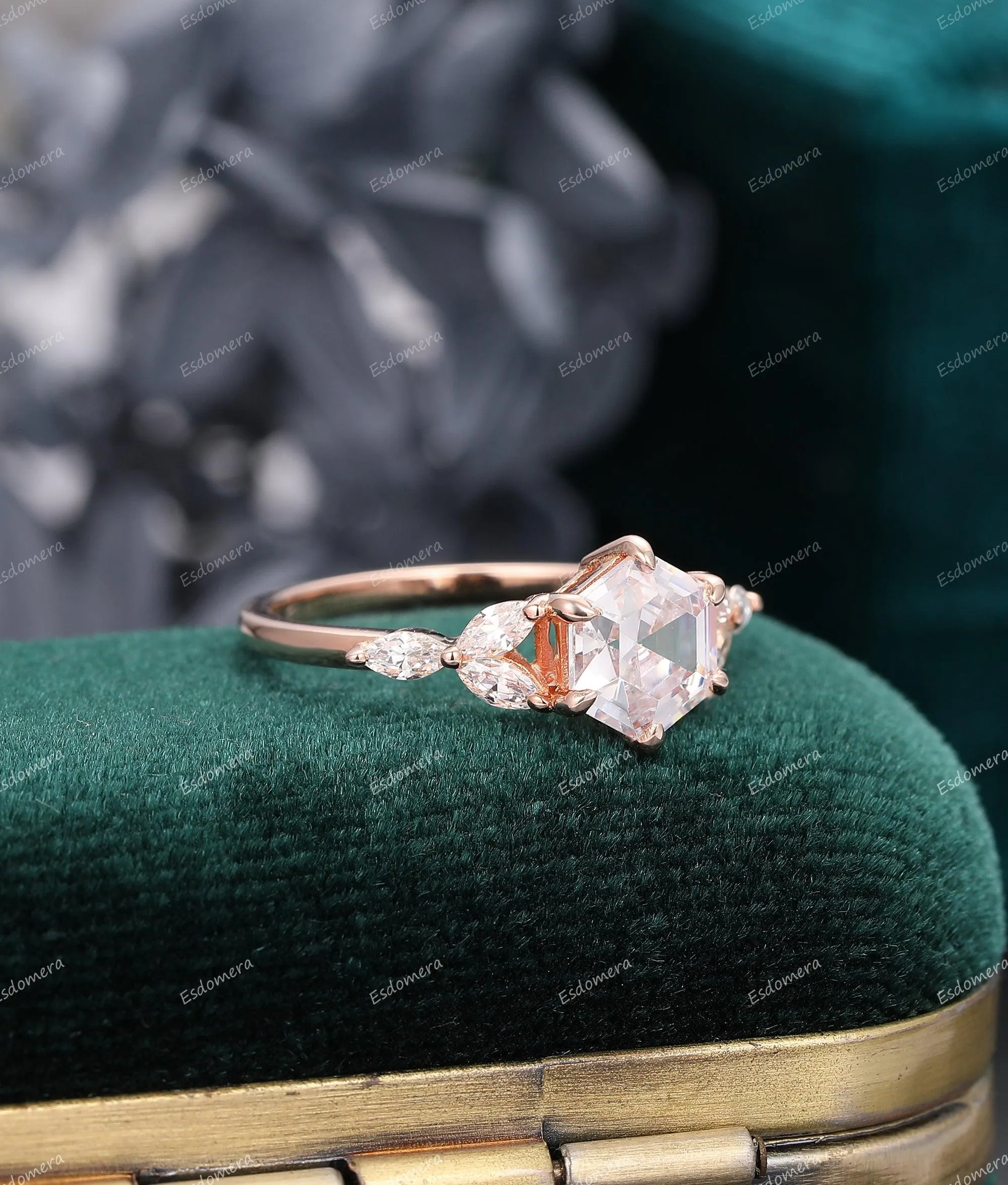 Hexagon Moissanite Engagement Ring 7 Stone Moissanite Cluster Ring Anniversary Promise Ring For Her