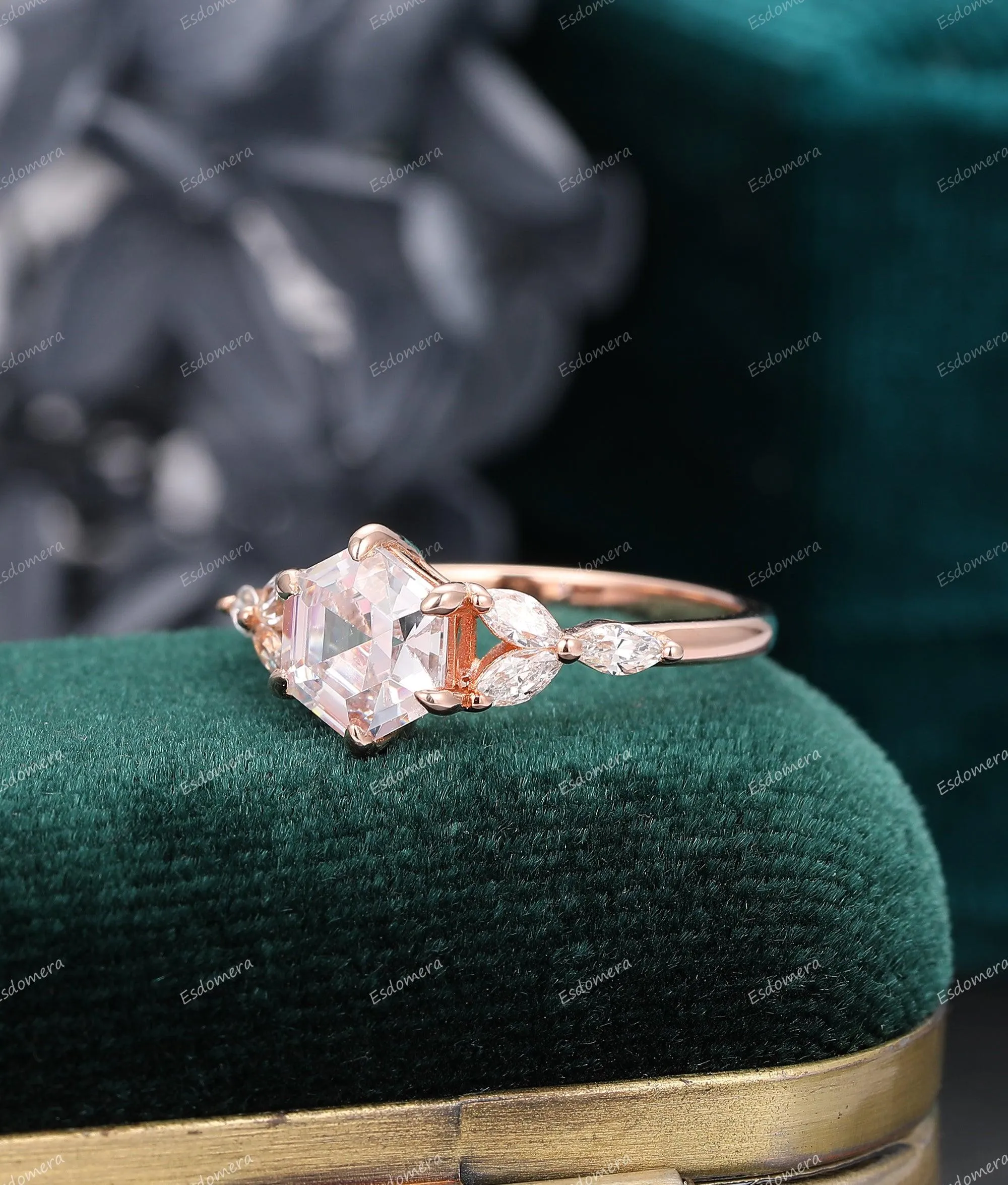 Hexagon Moissanite Engagement Ring 7 Stone Moissanite Cluster Ring Anniversary Promise Ring For Her