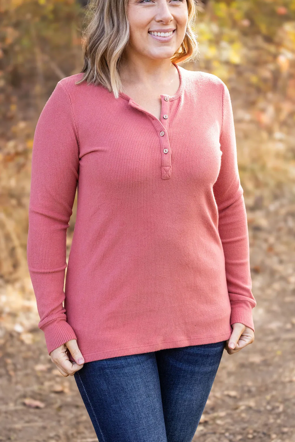 IN STOCK Brielle Henley Ribbed Long Sleeve - Terra Cotta FINAL SALE