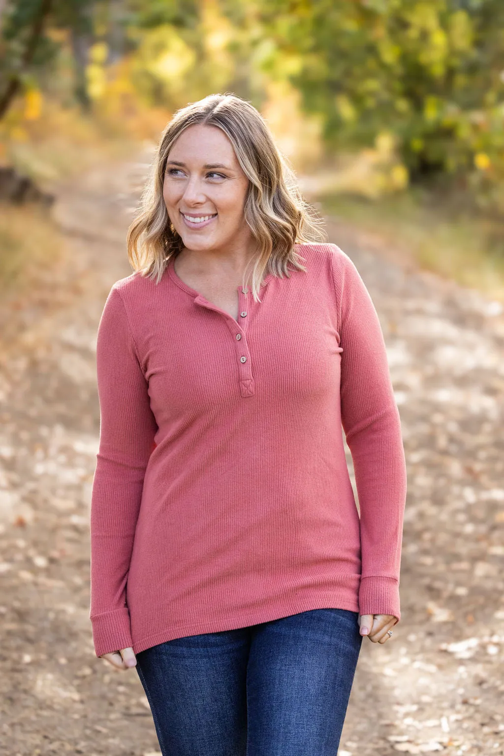 IN STOCK Brielle Henley Ribbed Long Sleeve - Terra Cotta FINAL SALE