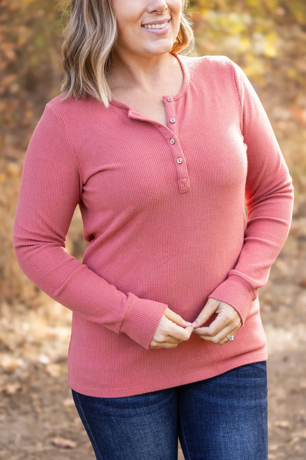IN STOCK Brielle Henley Ribbed Long Sleeve - Terra Cotta FINAL SALE