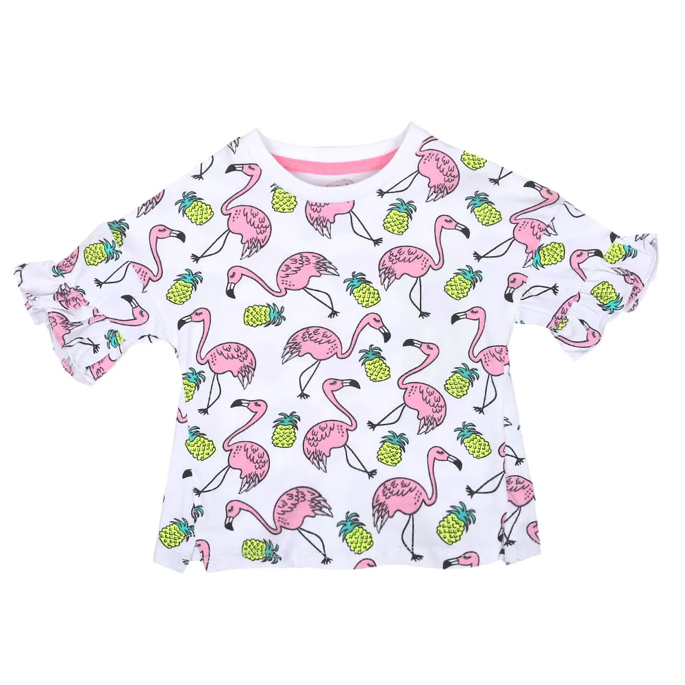 Infant Girls T-Shirt Flamingo-B.White | Bachaa Party Baby Clothes Girls Tops & T-Shirts