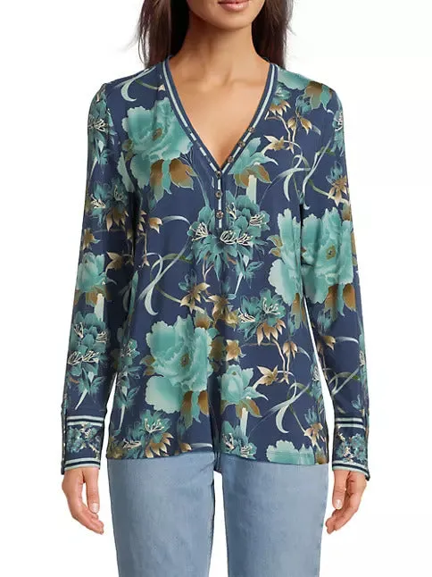 Johnny Was Janie Favorite Henley Peonee Blue Long Sleeve Floral Shirt Top NEW