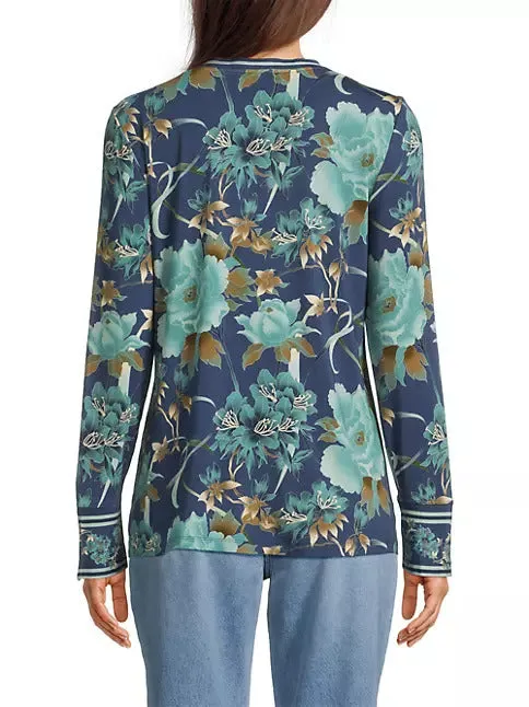 Johnny Was Janie Favorite Henley Peonee Blue Long Sleeve Floral Shirt Top NEW