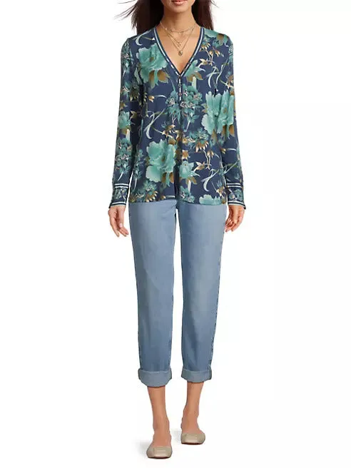 Johnny Was Janie Favorite Henley Peonee Blue Long Sleeve Floral Shirt Top NEW
