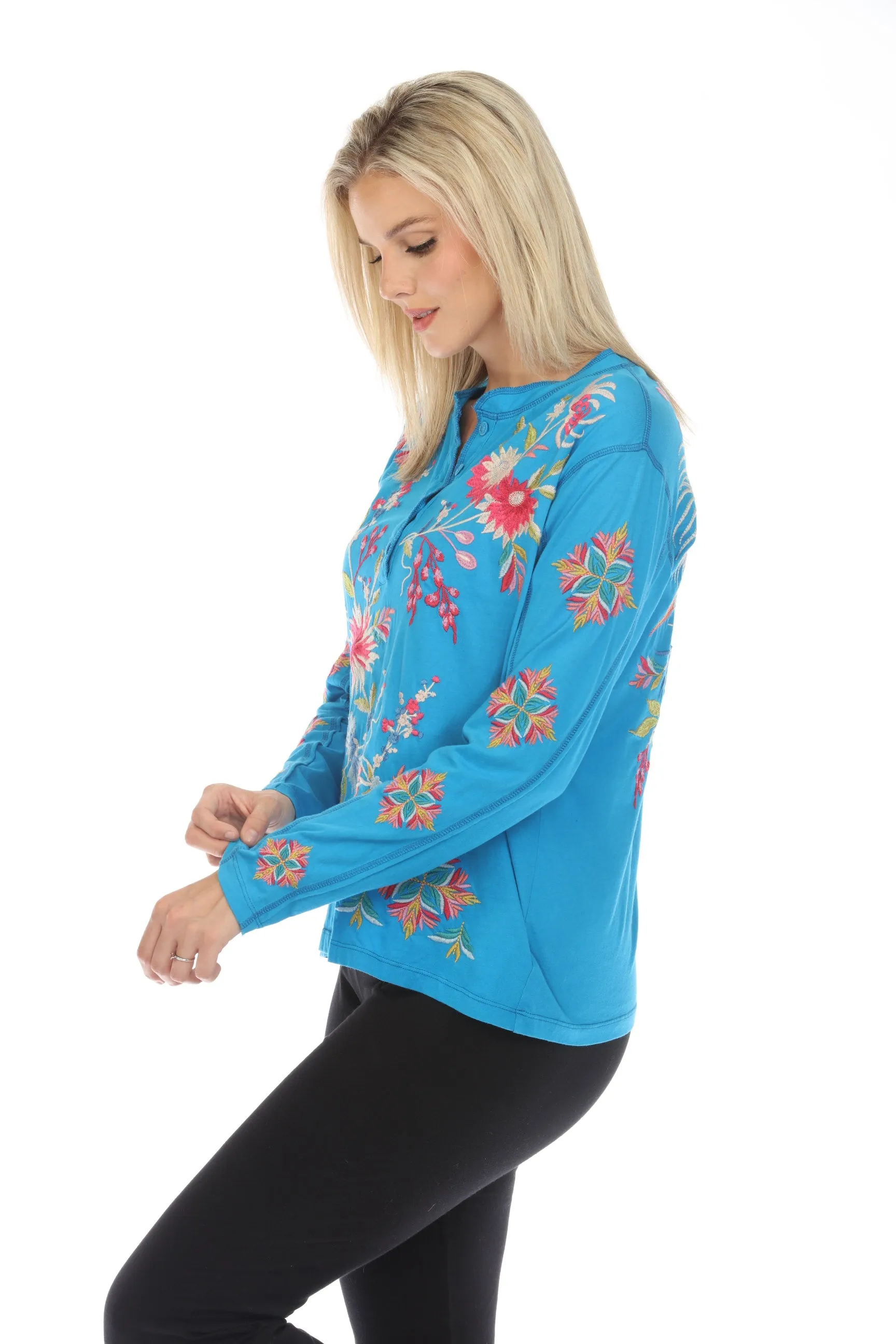 Johnny Was JWLA Julie Raw Seam Henley Top Boho Chic J12523-E