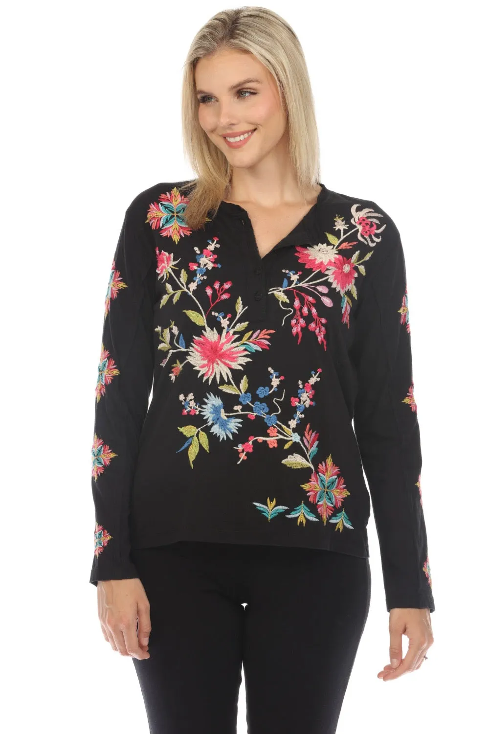 Johnny Was JWLA Julie Raw Seam Henley Top Boho Chic J12523-E
