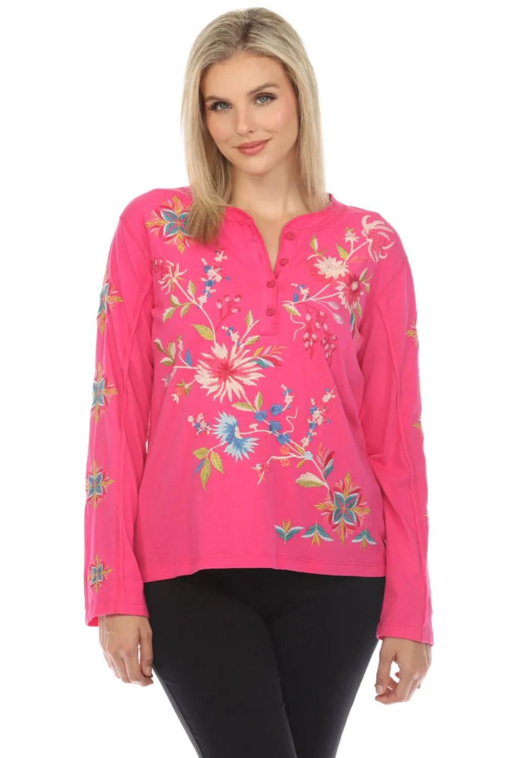 Johnny Was JWLA Julie Raw Seam Henley Top Boho Chic J12523-E