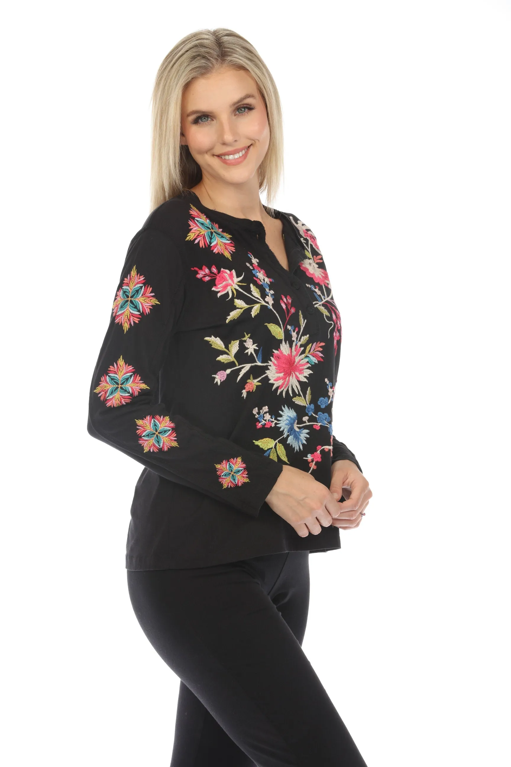 Johnny Was JWLA Julie Raw Seam Henley Top Boho Chic J12523-E