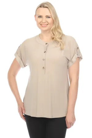 Joseph Ribkoff Dune Henley Roll-Tab Sleeves Tunic Top 242125