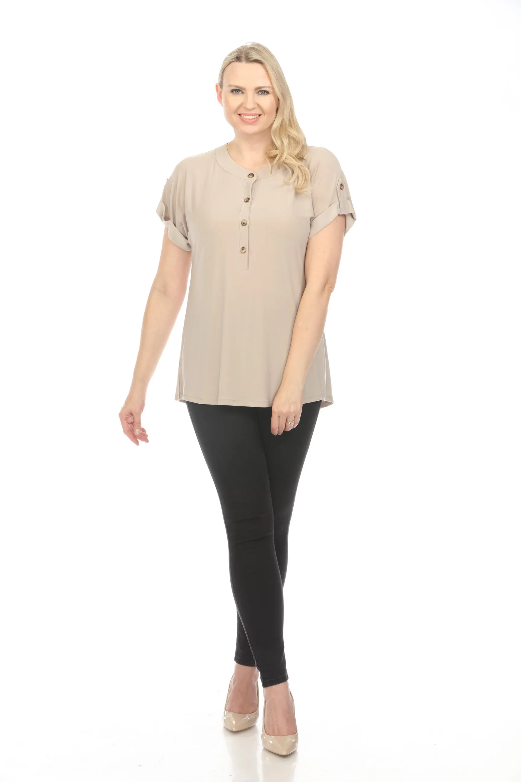 Joseph Ribkoff Dune Henley Roll-Tab Sleeves Tunic Top 242125
