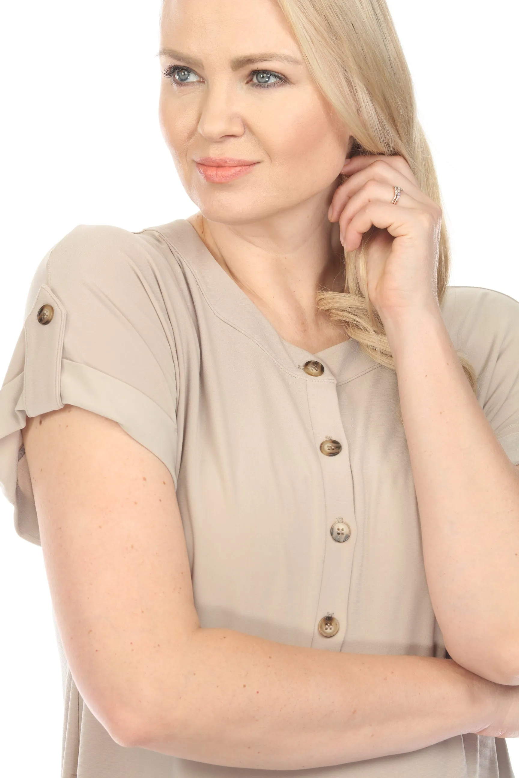 Joseph Ribkoff Dune Henley Roll-Tab Sleeves Tunic Top 242125
