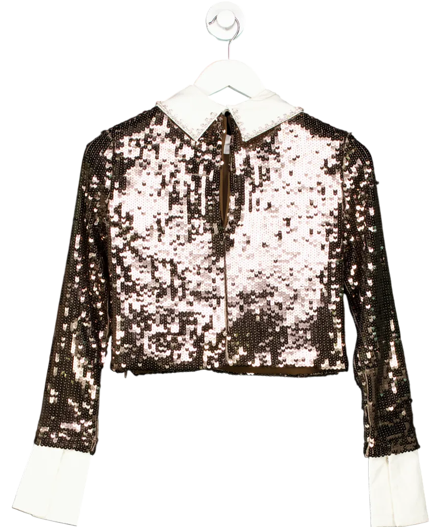 Karen Millen Brown Sequin Woven Long Sleeve Crop Top UK 8