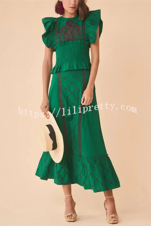Kyoho Ethnic Unique Print Smocked Top and High Waist Midi Skirt Set