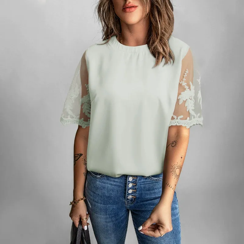 Lace Short Sleeve Chiffon Tops Women Minimalist Round Neck Pure Color Mesh Casual Shirt