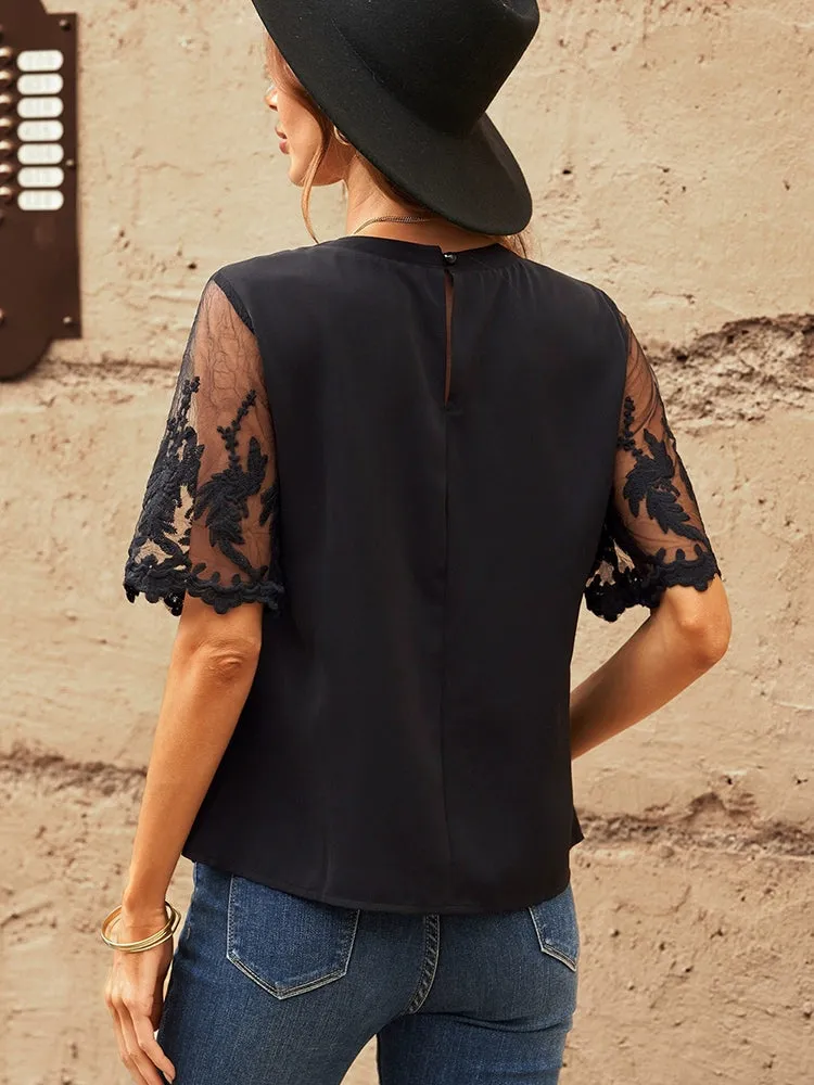 Lace Short Sleeve Chiffon Tops Women Minimalist Round Neck Pure Color Mesh Casual Shirt