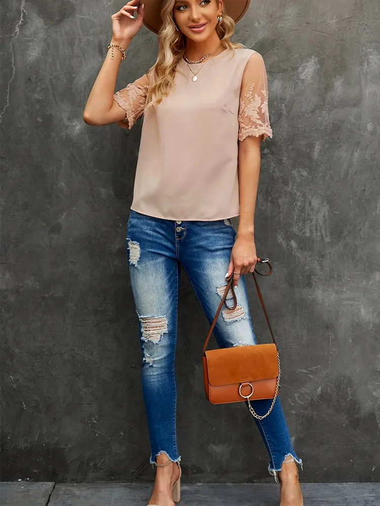 Lace Short Sleeve Chiffon Tops Women Minimalist Round Neck Pure Color Mesh Casual Shirt