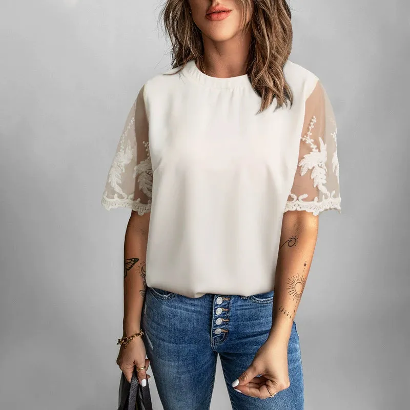 Lace Short Sleeve Chiffon Tops Women Minimalist Round Neck Pure Color Mesh Casual Shirt