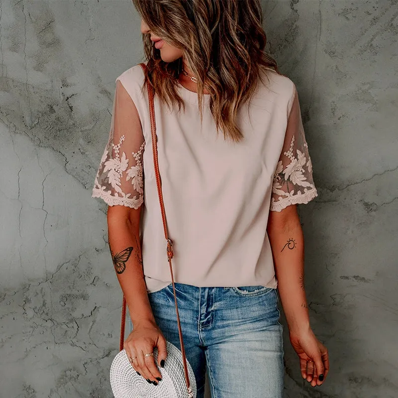 Lace Short Sleeve Chiffon Tops Women Minimalist Round Neck Pure Color Mesh Casual Shirt
