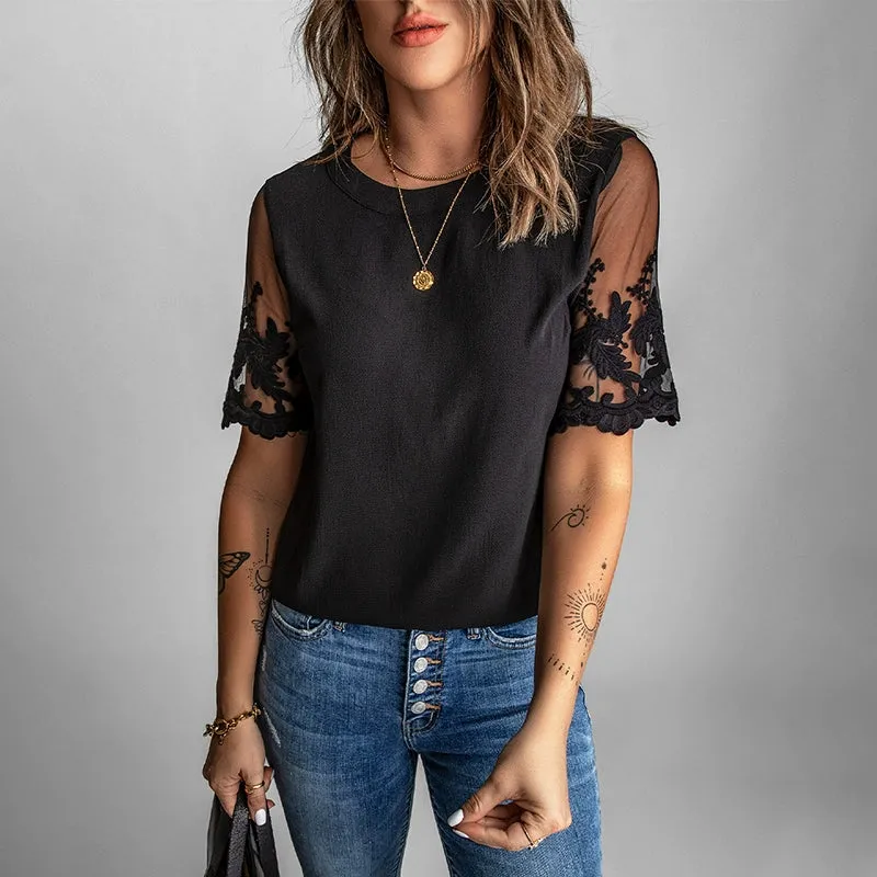 Lace Short Sleeve Chiffon Tops Women Minimalist Round Neck Pure Color Mesh Casual Shirt