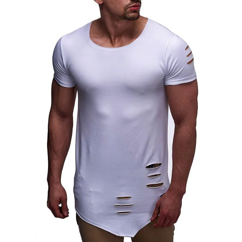 Latest Men's Hip Hop Clothing Streetwear Male Ripped Hole Design T-shirt High Street O-neck Slim Fit Tops Tees T17