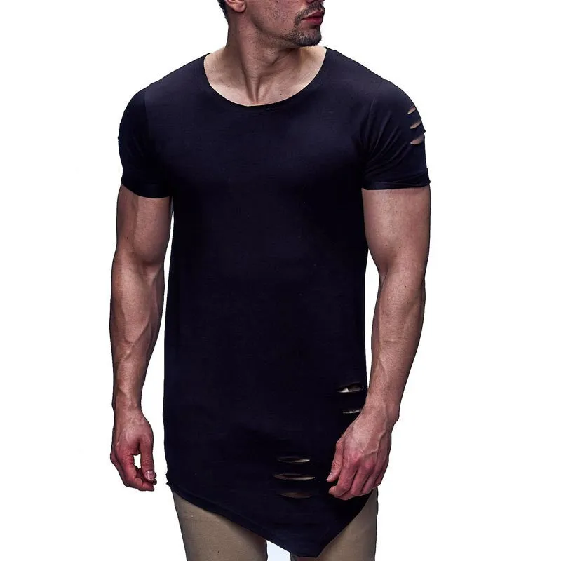 Latest Men's Hip Hop Clothing Streetwear Male Ripped Hole Design T-shirt High Street O-neck Slim Fit Tops Tees T17