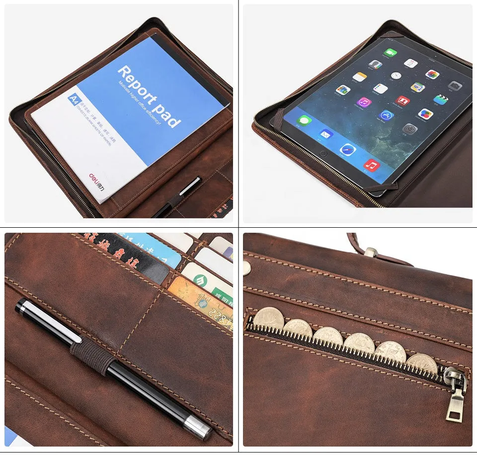 Leather Zipper Briefcase for iPad Pro 12.9" - Coffee