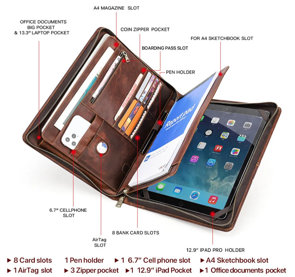 Leather Zipper Briefcase for iPad Pro 12.9" - Coffee