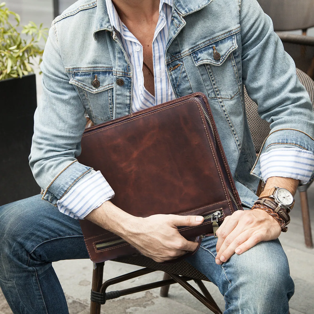 Leather Zipper Briefcase for iPad Pro 12.9" - Coffee