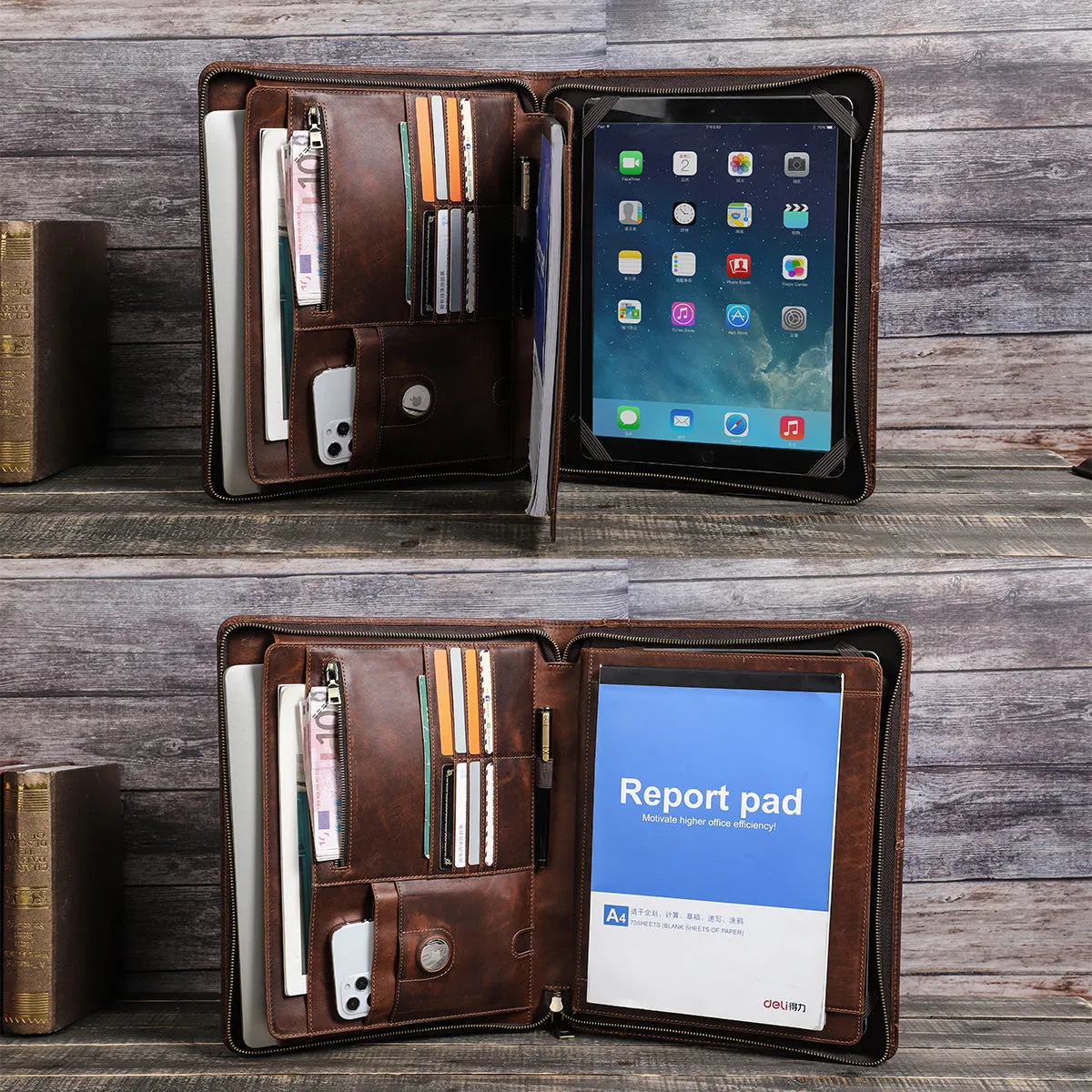 Leather Zipper Briefcase for iPad Pro 12.9" - Coffee