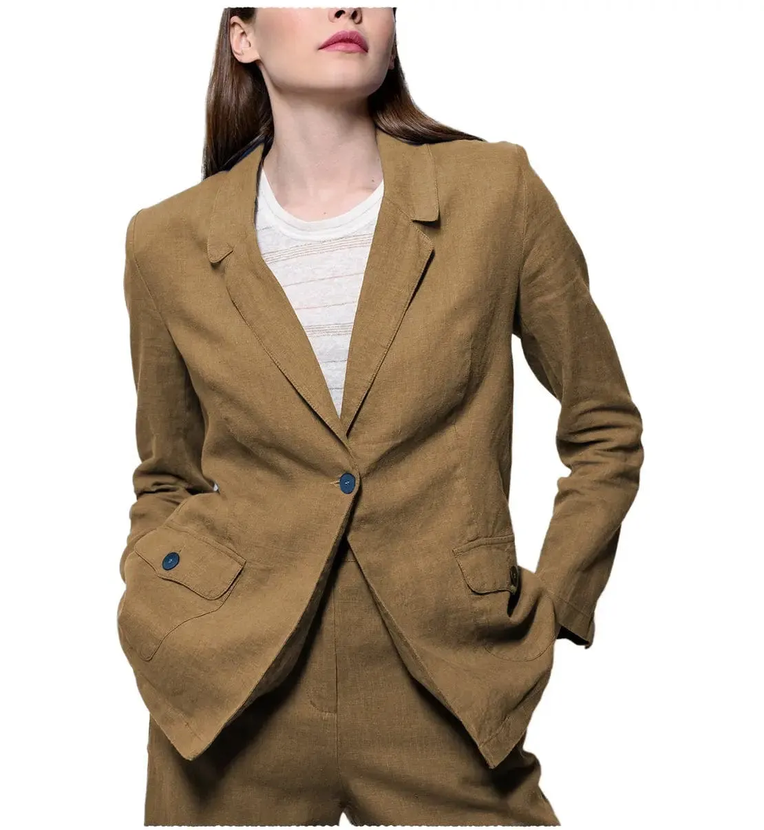 Leisure Flat 2 Pieces Linen Women Suit Notch Lapel Blazer