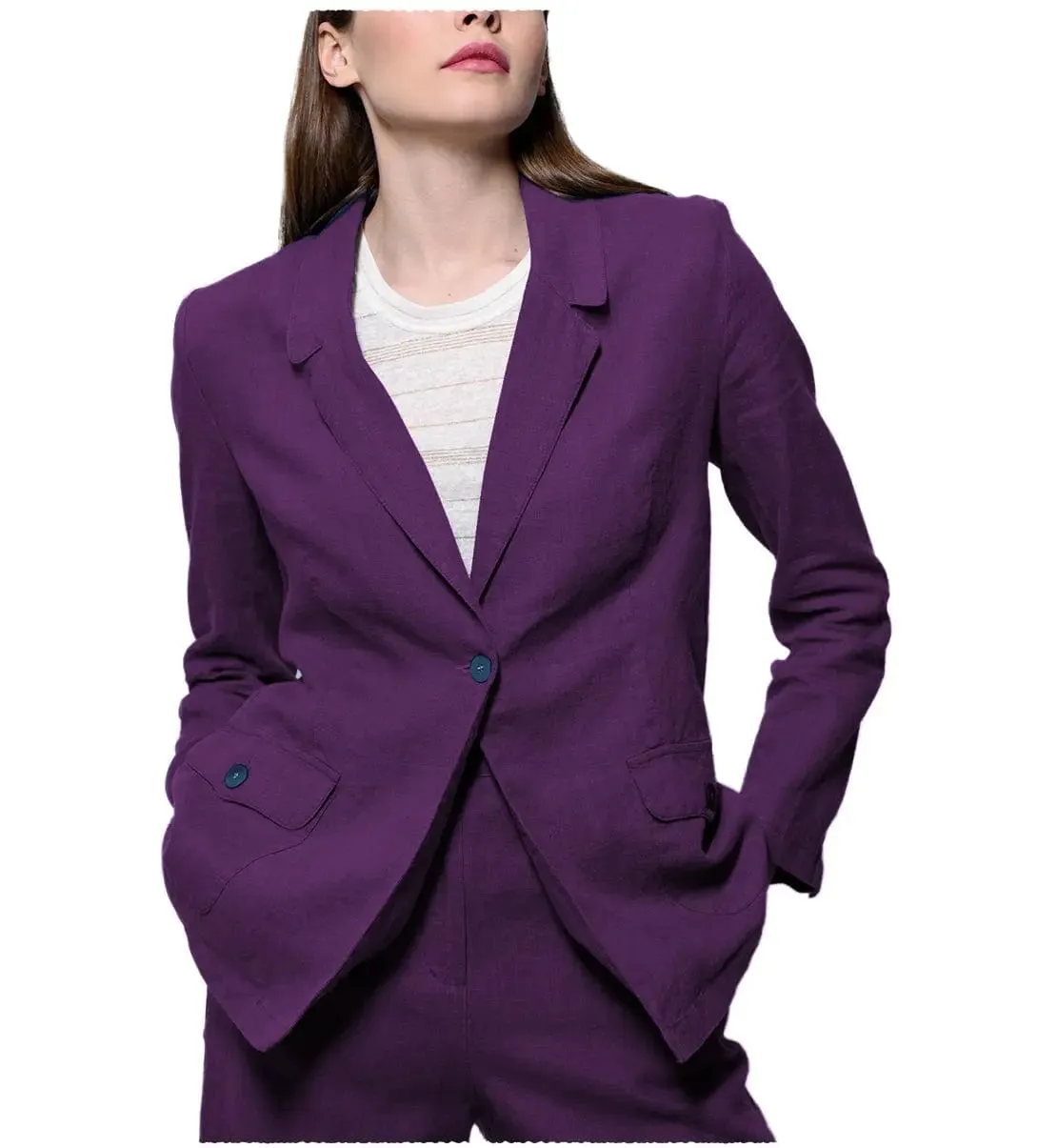 Leisure Flat 2 Pieces Linen Women Suit Notch Lapel Blazer