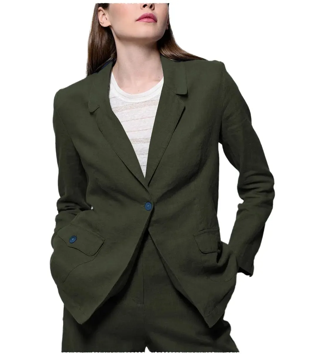 Leisure Flat 2 Pieces Linen Women Suit Notch Lapel Blazer