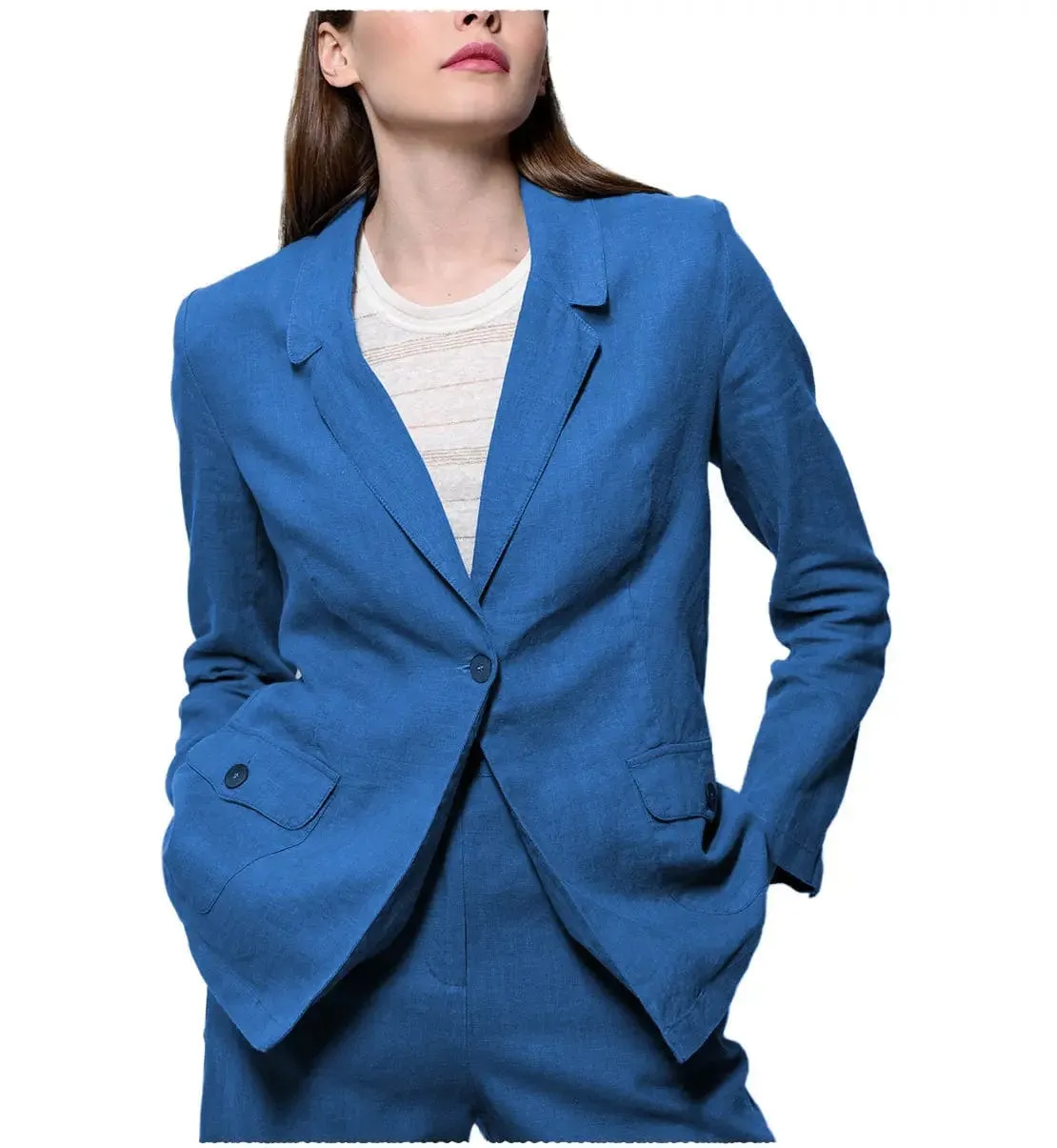 Leisure Flat 2 Pieces Linen Women Suit Notch Lapel Blazer