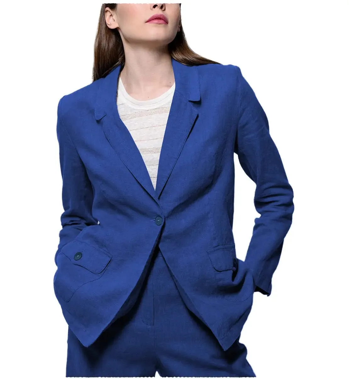 Leisure Flat 2 Pieces Linen Women Suit Notch Lapel Blazer