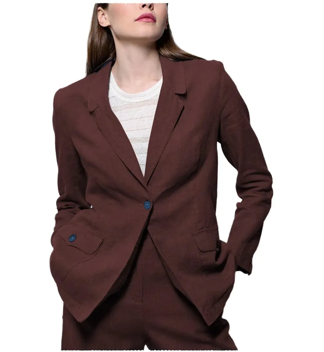 Leisure Flat 2 Pieces Linen Women Suit Notch Lapel Blazer