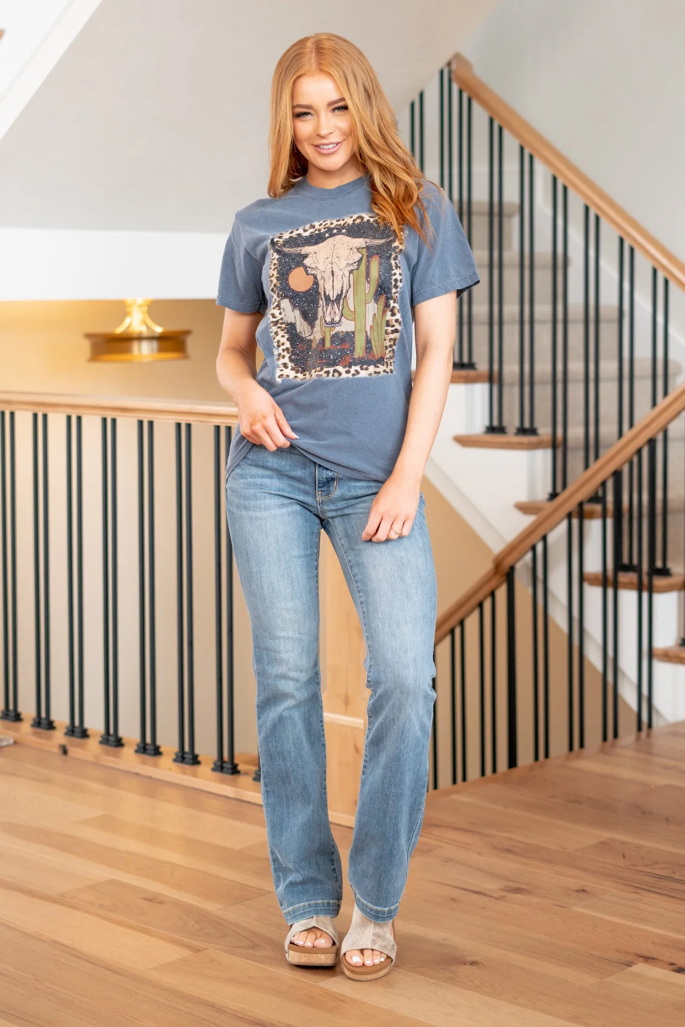 Leopard Bull Skull Graphic Tee - Denim Blue