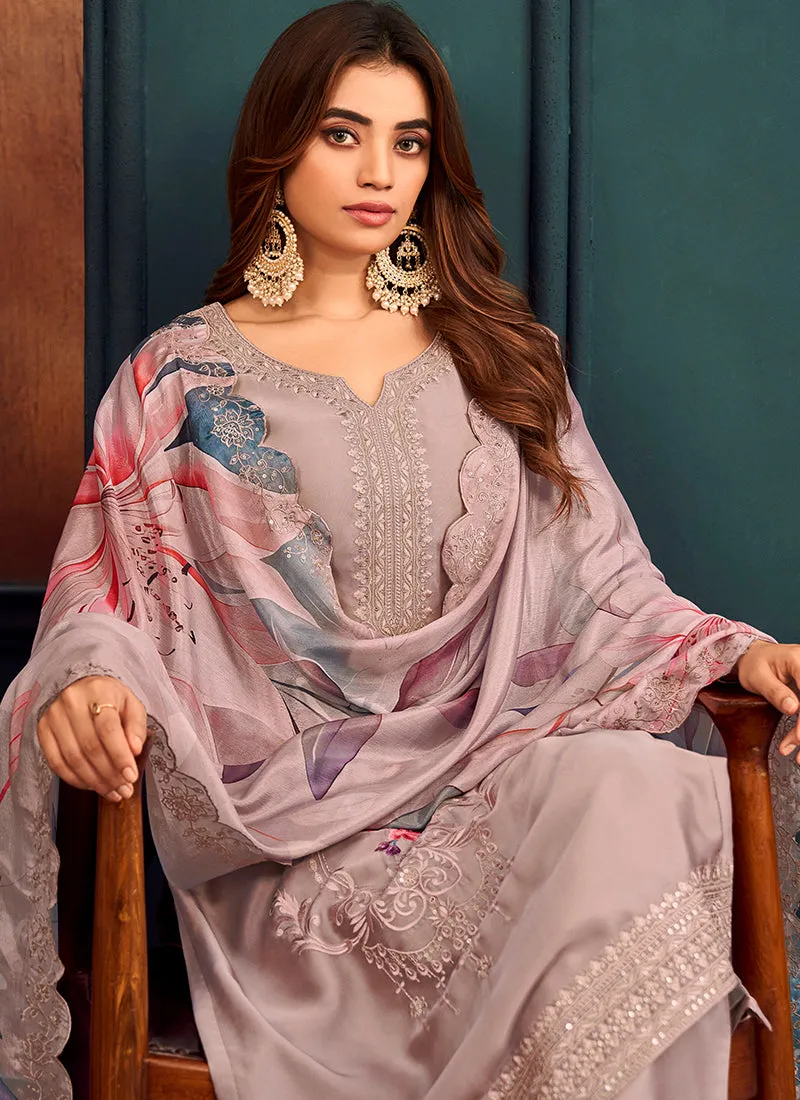 Lilac Purple Thread Work Embroidery Pant Style Suit