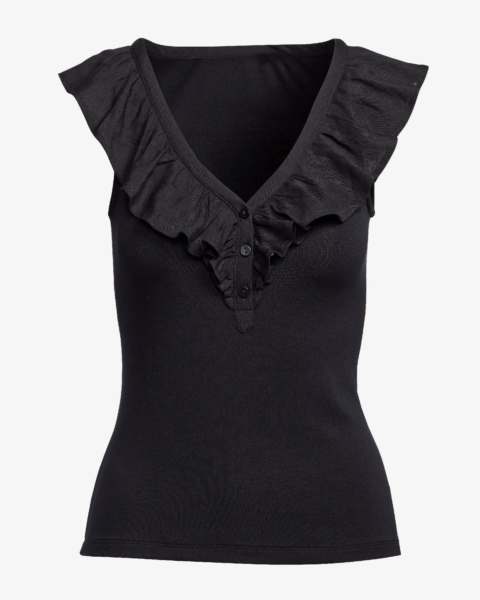 Linen Ruffle Henley Ribbed Top Black