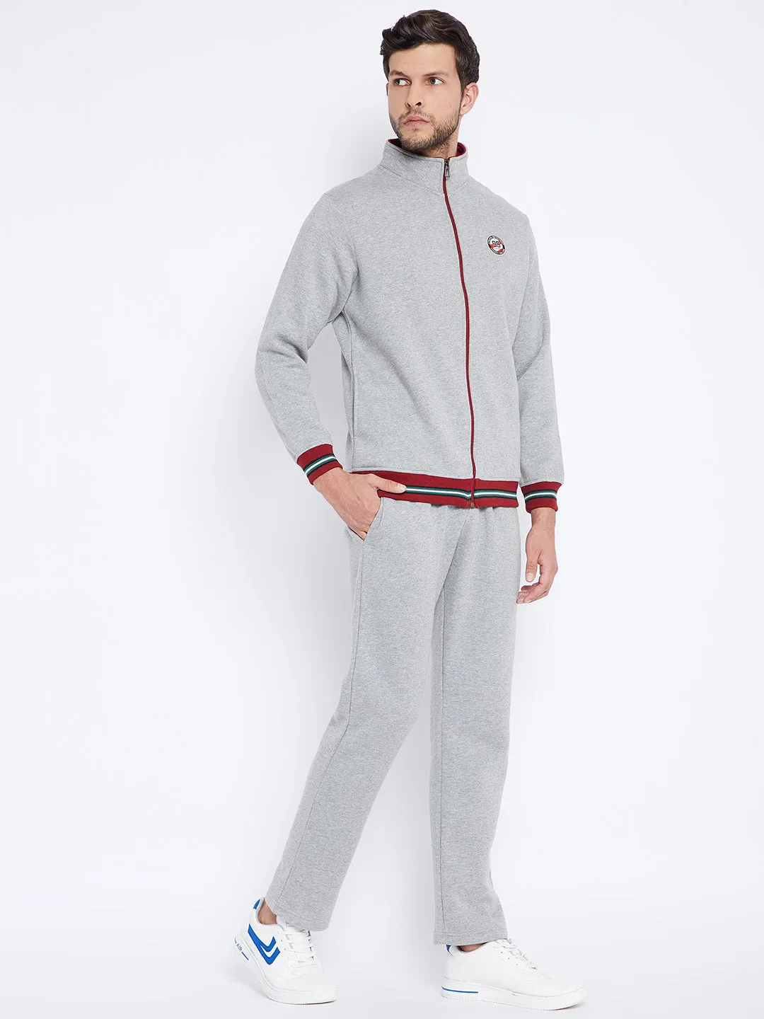 Livfree Men's Mock Collar Full Sleeves Milange Tracksuit -Milange Grey (Zipper)