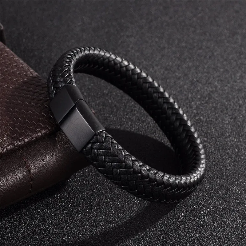 Lure Bracelet - A Black Leather Bracelet with Steel Magnetic Clasp