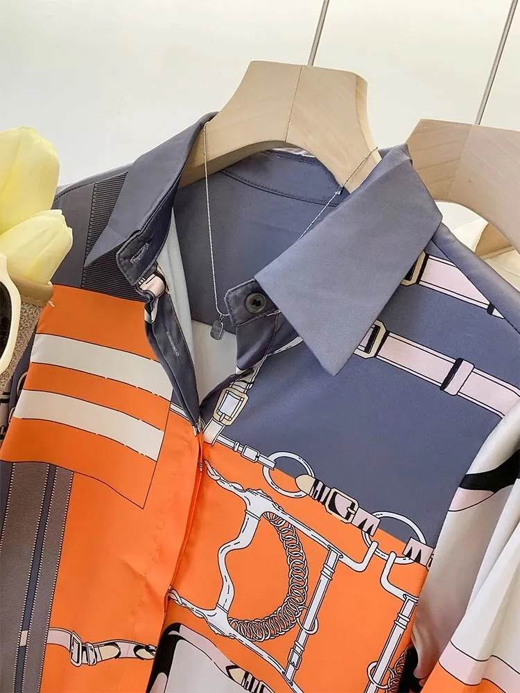 Luxury Brand Design Imitation Silk Orange Grey Shirt