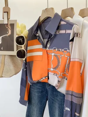 Luxury Brand Design Imitation Silk Orange Grey Shirt