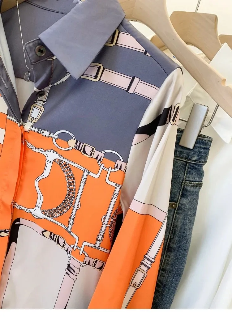 Luxury Brand Design Imitation Silk Orange Grey Shirt