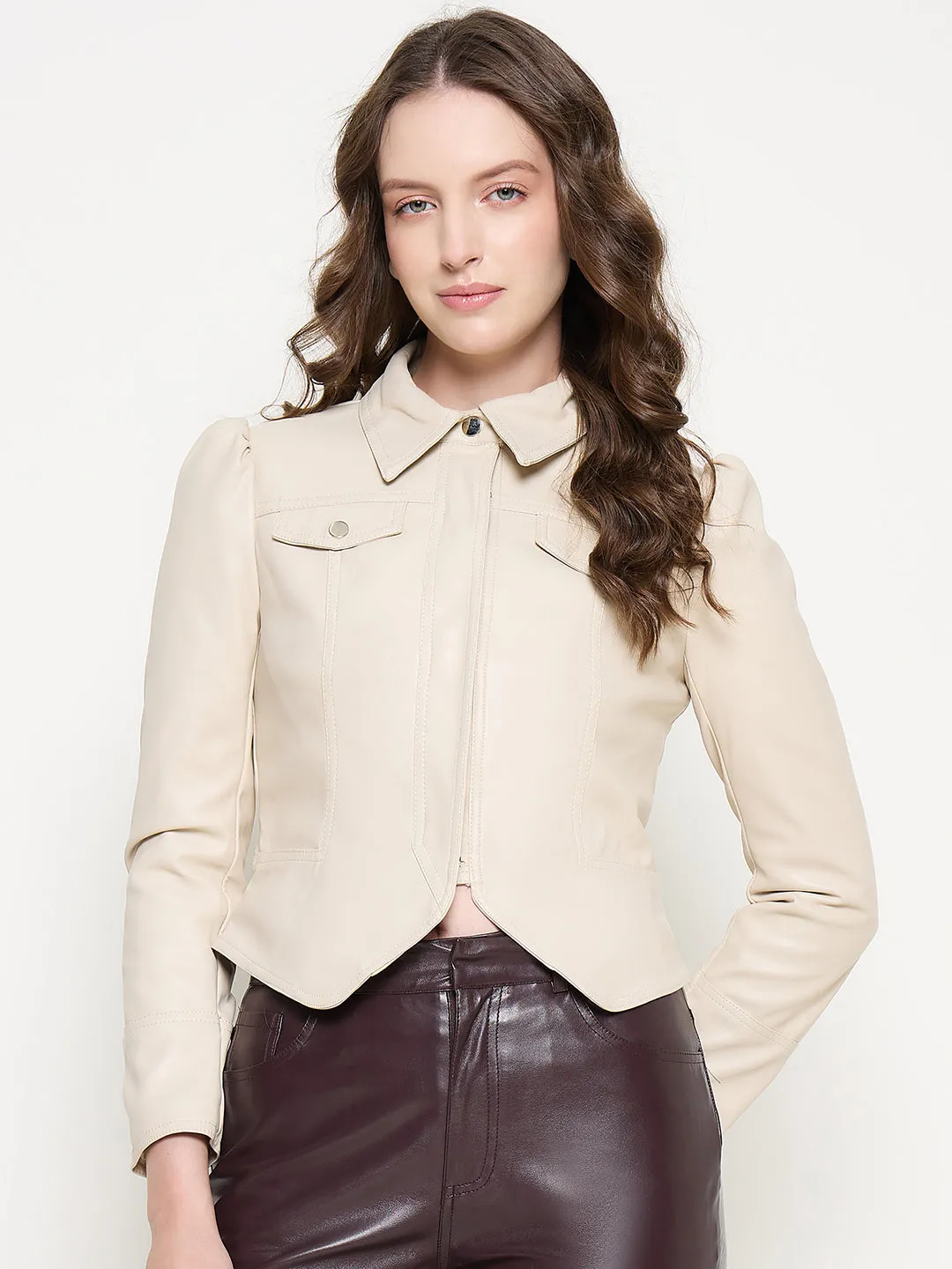 Madame Flap Pocketed Shirt Collar Zipper Beige Jacket