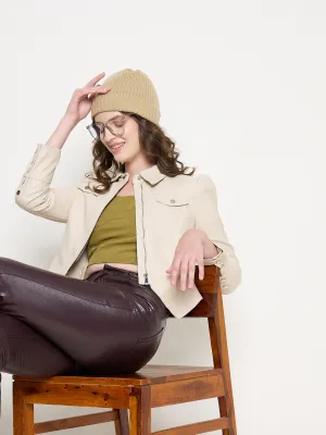 Madame Flap Pocketed Shirt Collar Zipper Beige Jacket