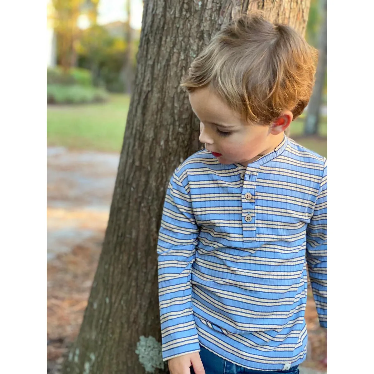 Me & Henry Adams Ribbed Henley - Blue/Tan Stripe