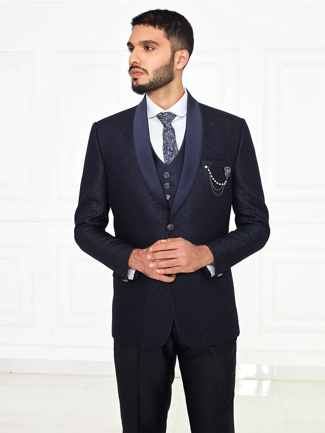 Men Embossed Printed Coat Suit in 3 Piece
