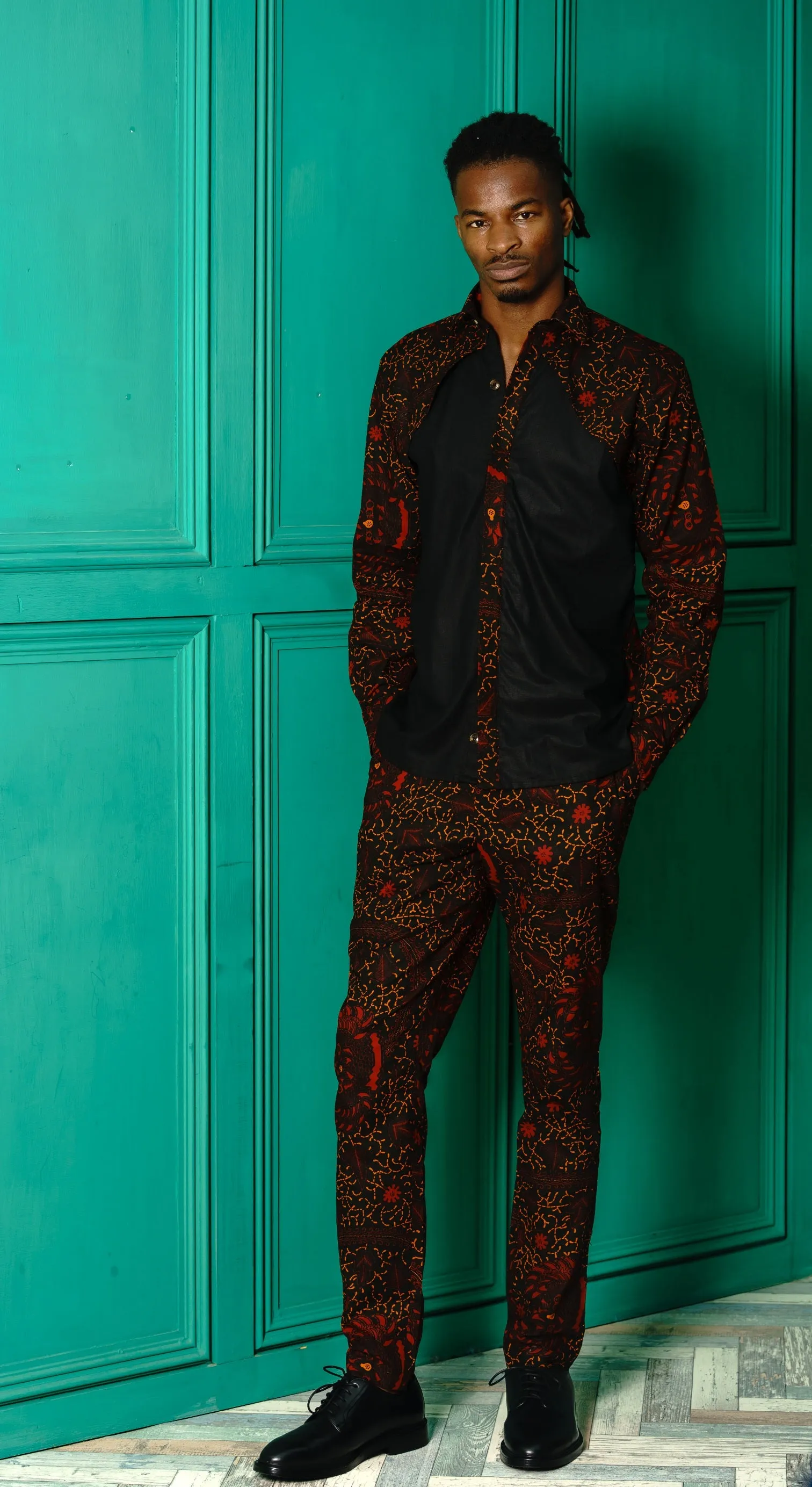 Men's African print slim leg Trouser-Black Rooster