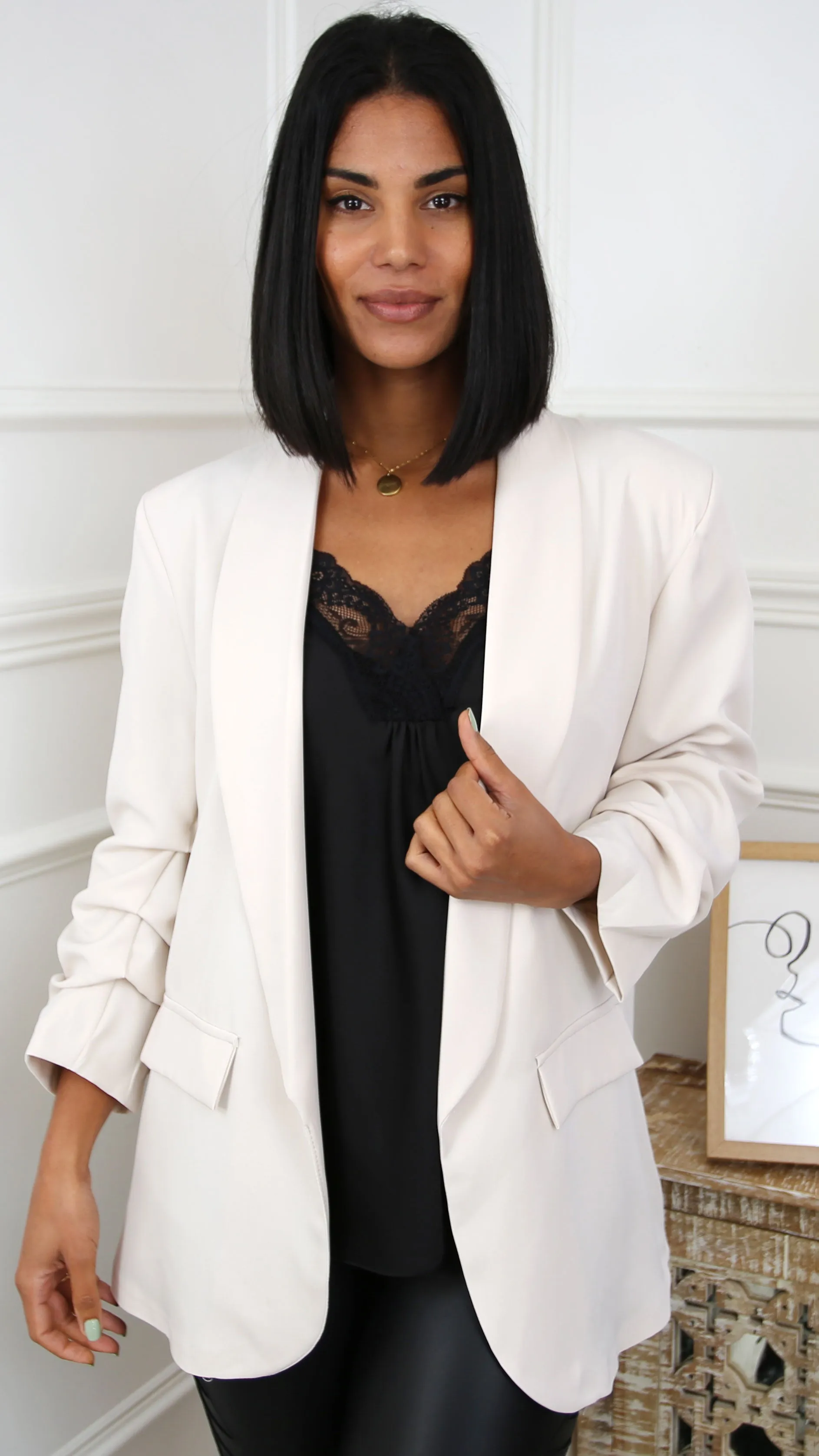 Merrill Beige Gathered Sleeve Blazer